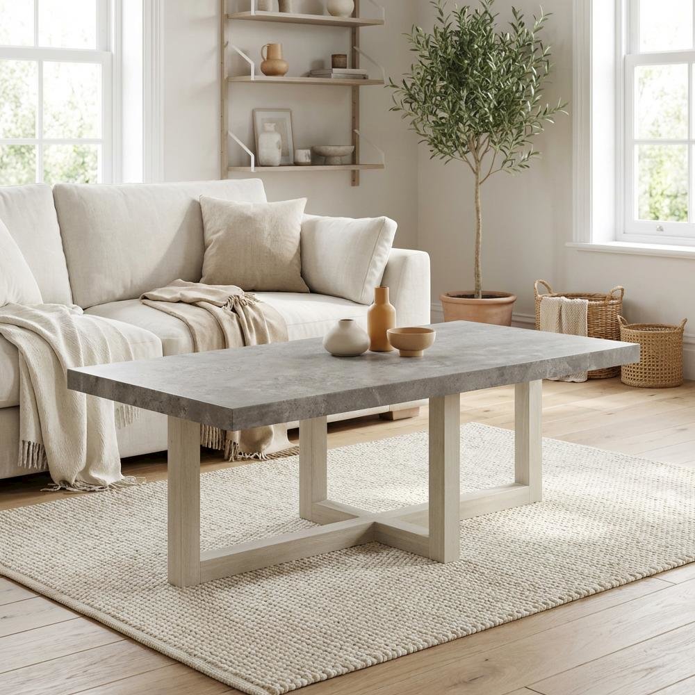 Faux Concrete Coffee Table in White with Contemporary Design and Sturdy Build
