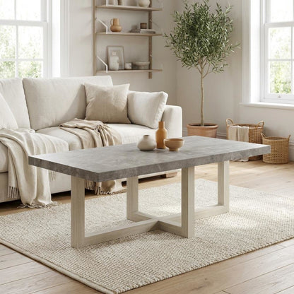 Faux Concrete Coffee Table in White with Contemporary Design and Sturdy Build
