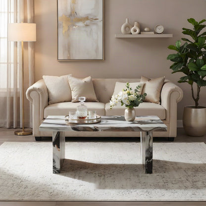 Faux Marble-Top Modern Rectangular Coffee Table for Living Room