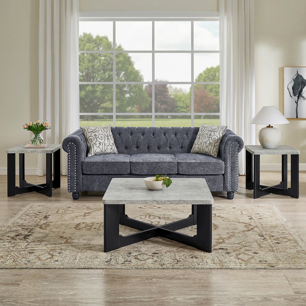 Levitus 3pc Square Coffee Table Set, Faux Concrete Tabletop; Black Wood Grain