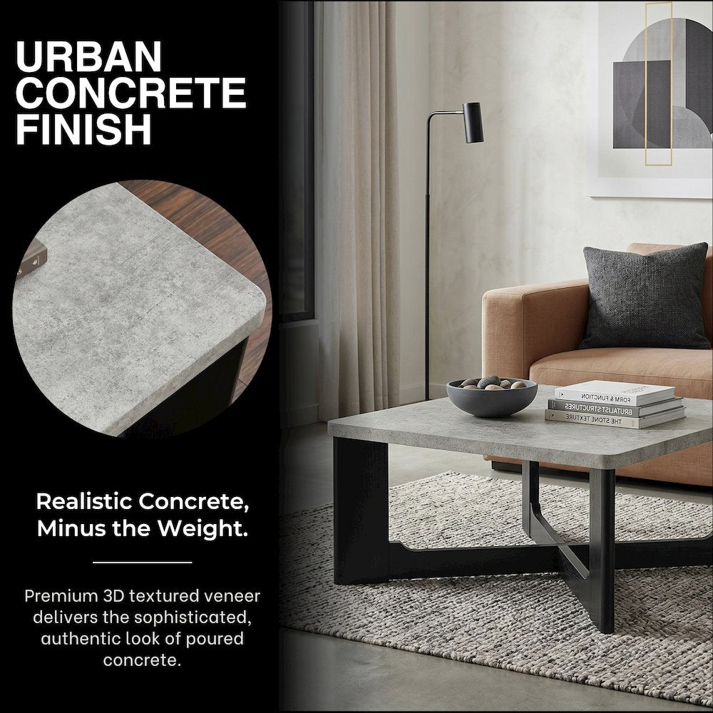 Levitus 3pc Square Coffee Table Set, Faux Concrete Tabletop; Black Wood Grain