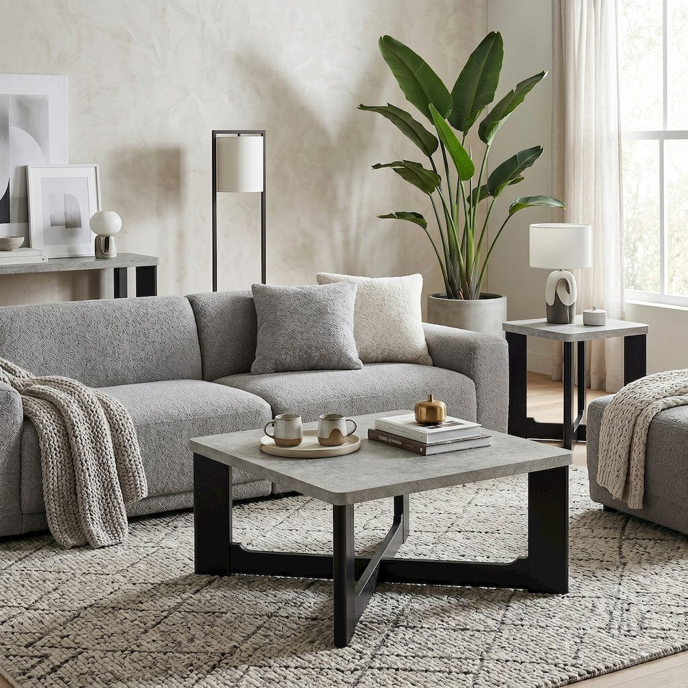 Levitus 3pc Square Coffee Table Set, Faux Concrete Tabletop; Black Wood Grain
