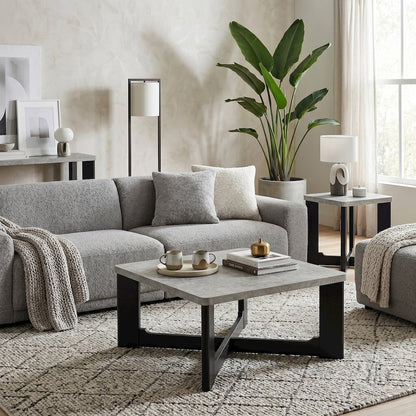 Levitus 3pc Square Coffee Table Set, Faux Concrete Tabletop; Black Wood Grain