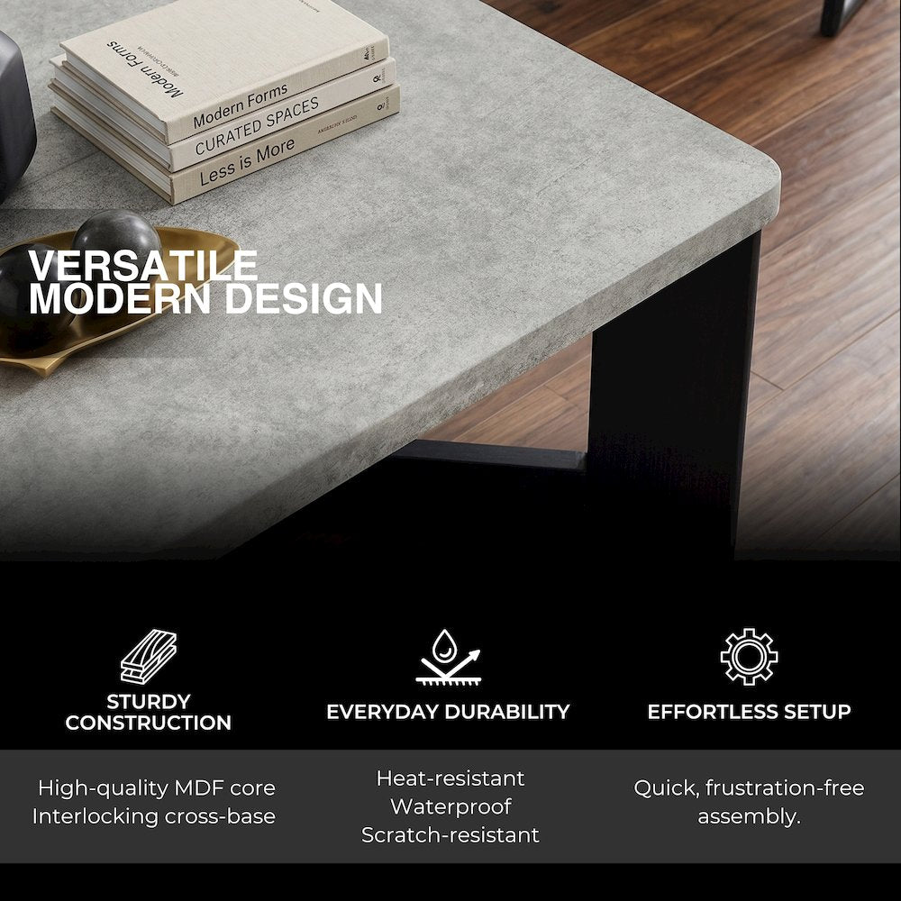 Levitus 3pc Square Coffee Table Set, Faux Concrete Tabletop; Black Wood Grain