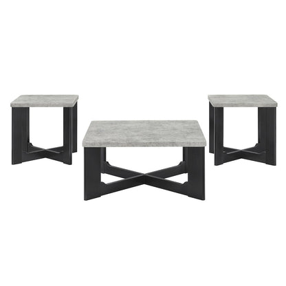 Levitus 3pc Square Coffee Table Set, Faux Concrete Tabletop; Black Wood Grain
