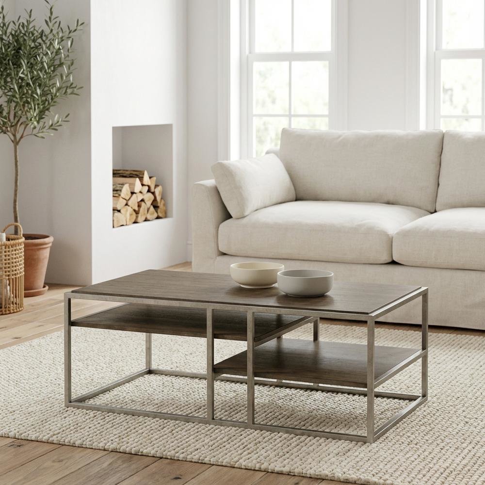 Metal Frame Coffee Table Set with 2 Wood Chairside Tables for Living Room