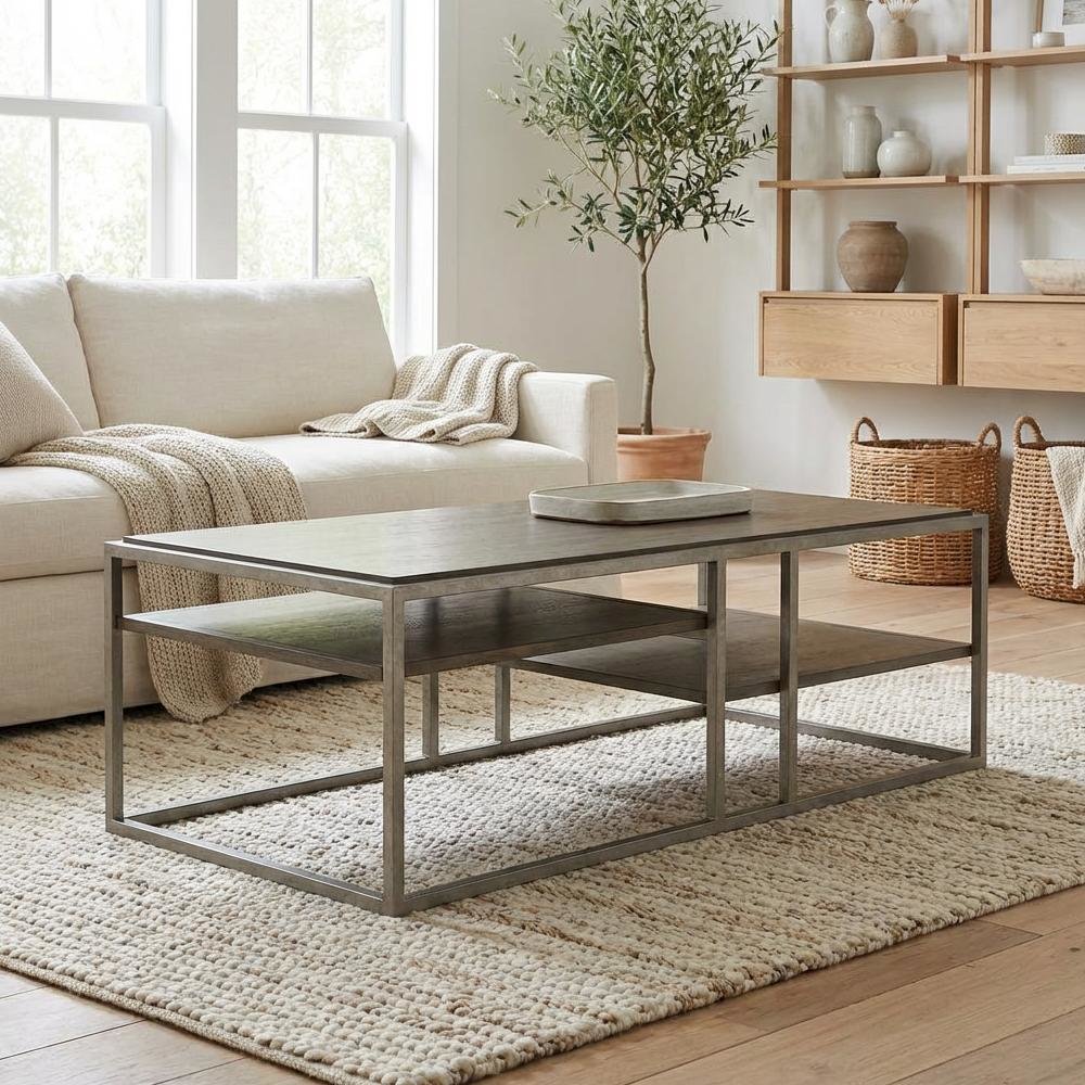 Metal Frame Coffee Table with Wood Shelf for Living Room Storage