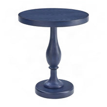 Round MDF and Ash Wood End Table on Rubberwood Pedestal Base, Distressed Blue