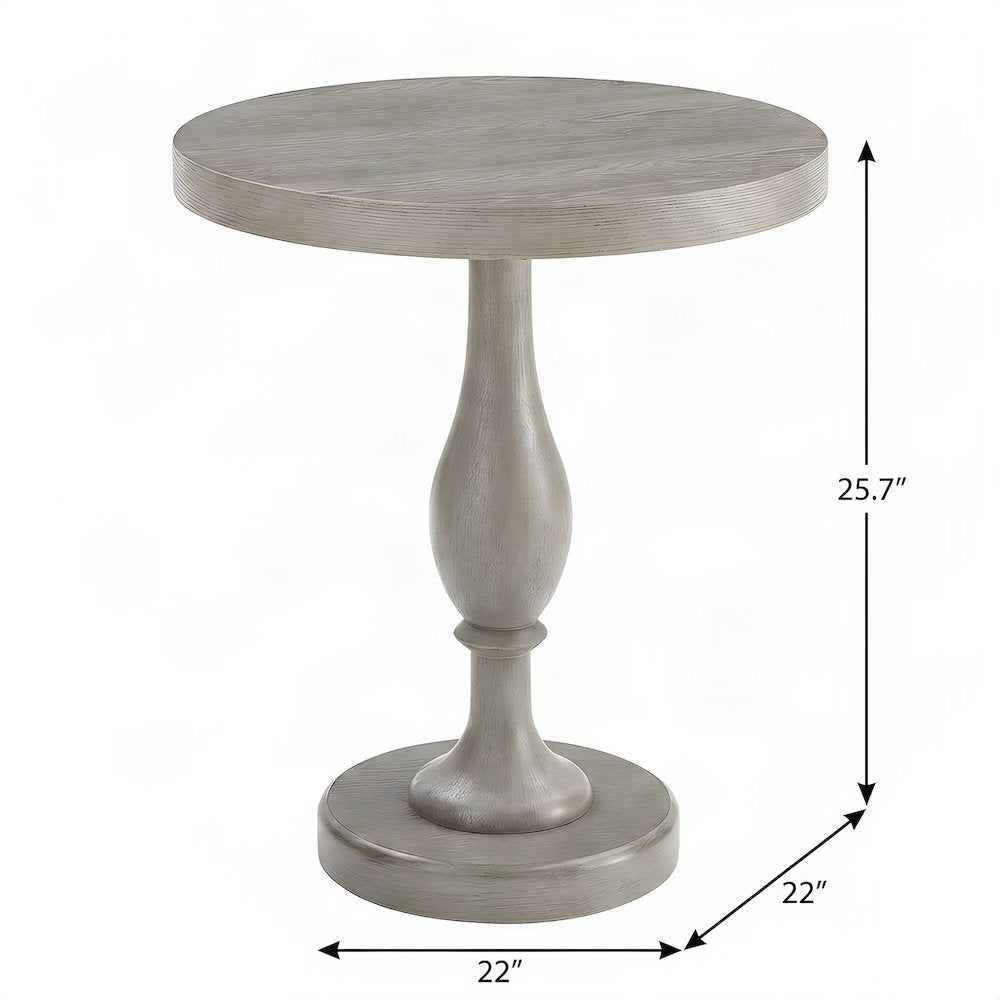 Round MDF and Ash Wood End Table on Rubberwood Pedestal Base, Distressed Gray