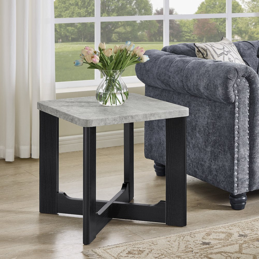 Levitus Square End Table, Faux Concrete Tabletop with Black Wood Grain Finish