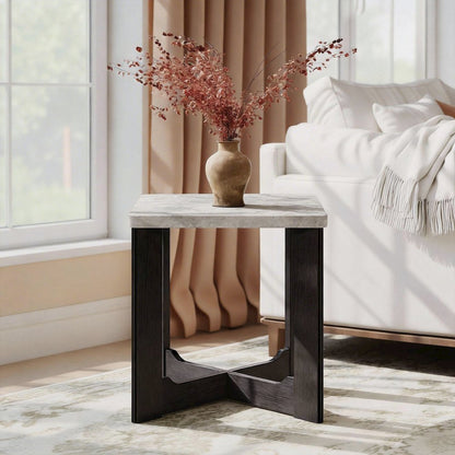 Levitus Square End Table, Faux Concrete Tabletop with Black Wood Grain Finish