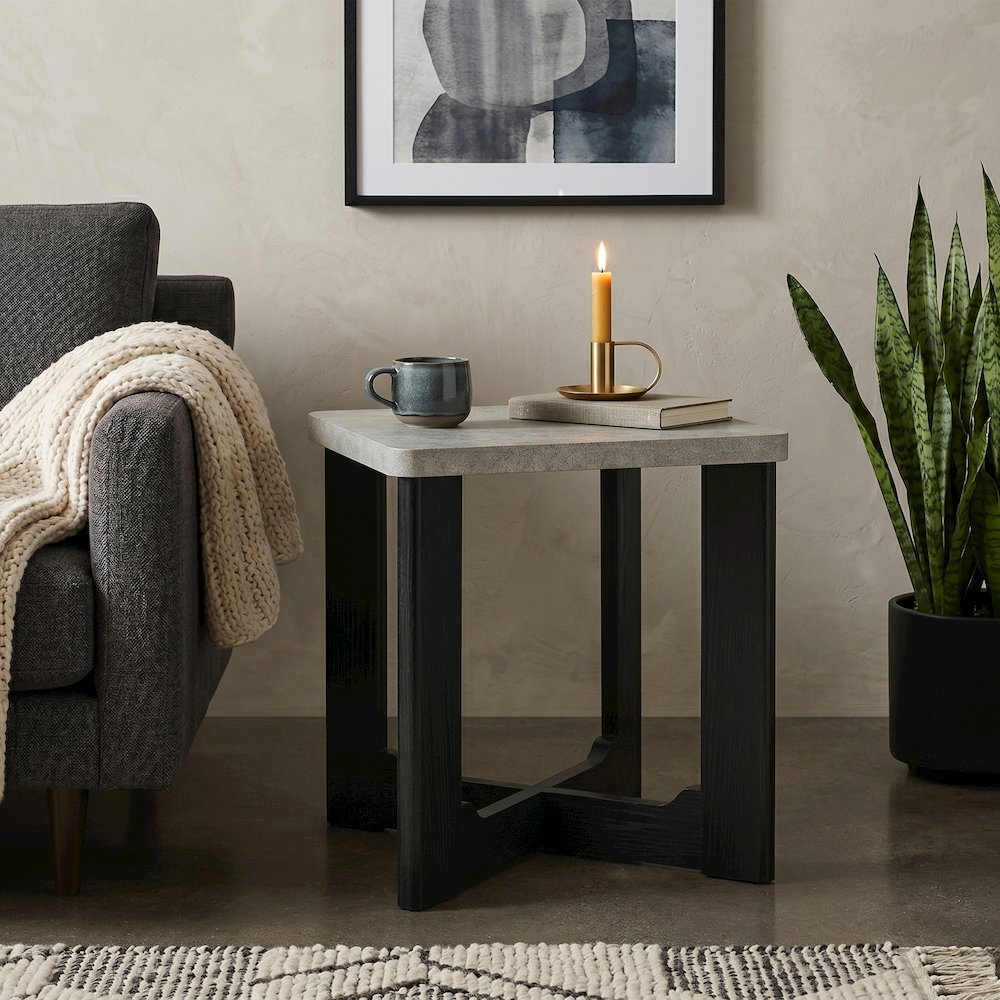 Levitus Square End Table, Faux Concrete Tabletop with Black Wood Grain Finish