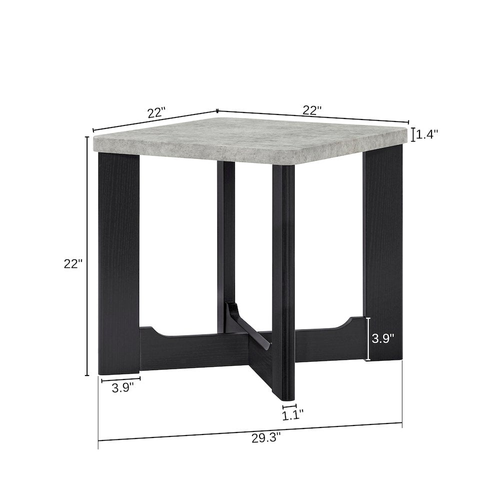Levitus Square End Table, Faux Concrete Tabletop with Black Wood Grain Finish