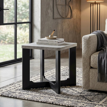 Levitus Square End Table, Faux Concrete Tabletop with Black Wood Grain Finish