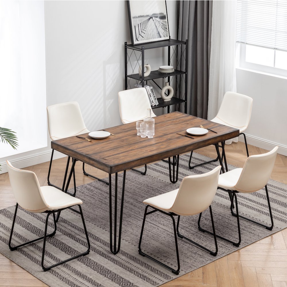 Aryven 7-Pc Dining Set with Rustic Dark Pine Table and 6 Chairs in Antique White