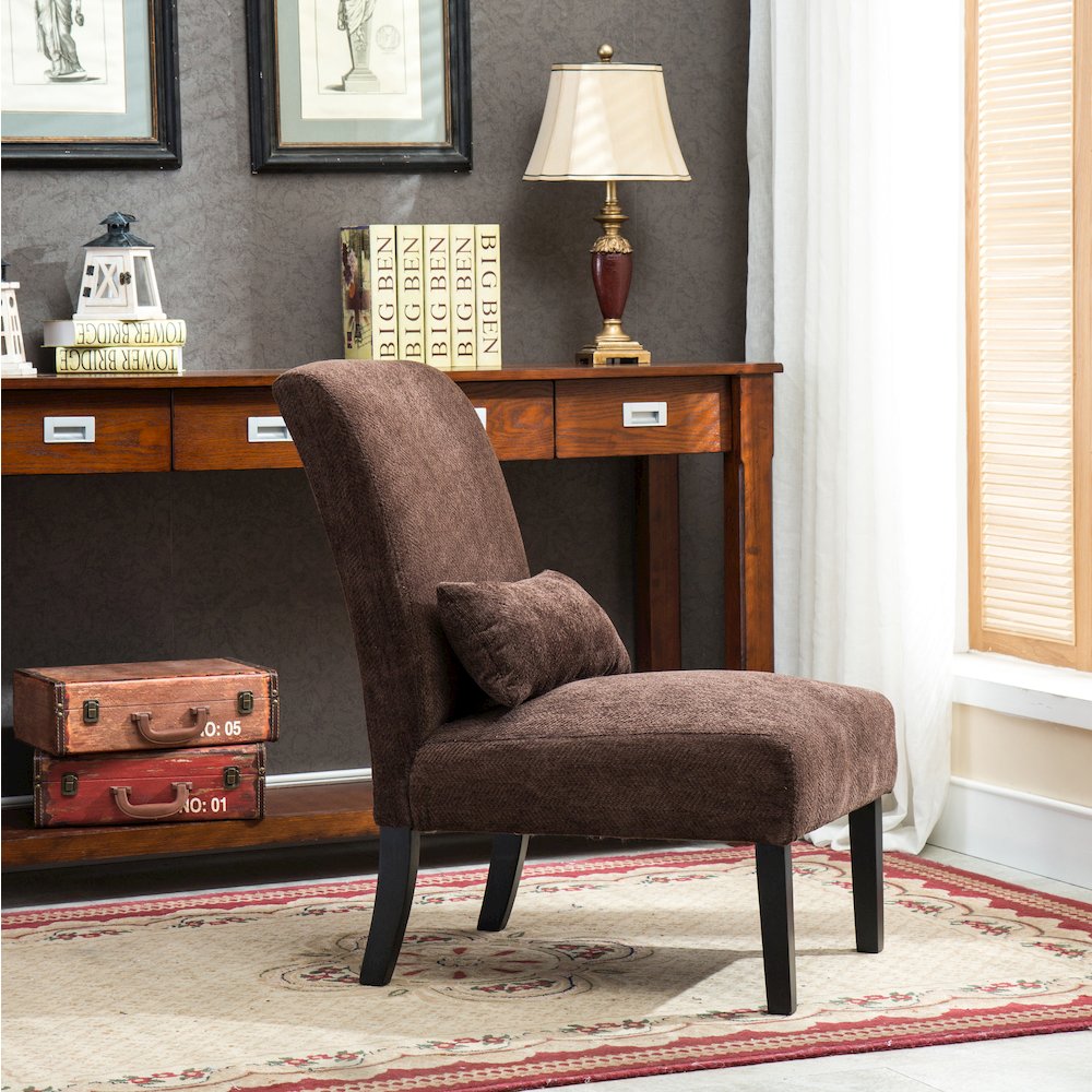 Pisano Chocolate Fabric Armless Accent Chair with Matching Kidney Pillow