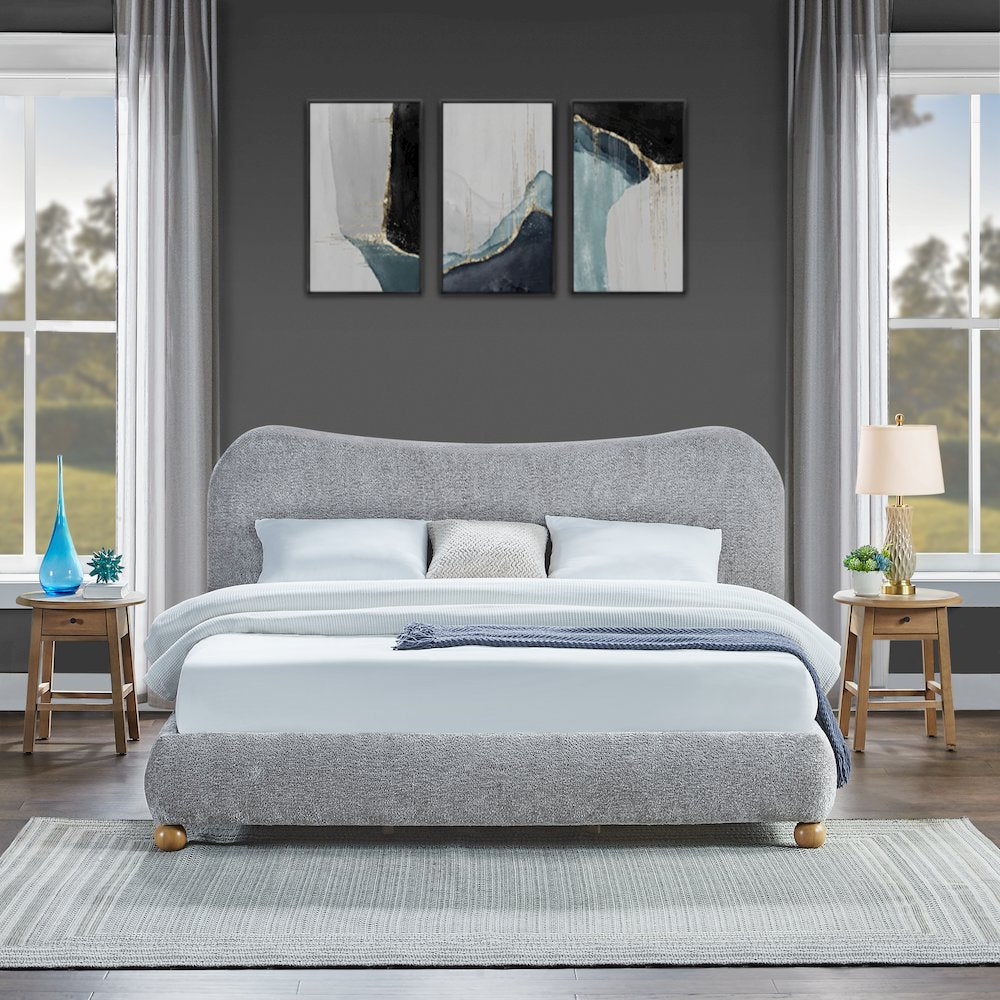 Lunara Gray Upholstered Platform Bed with Bun Feet, King