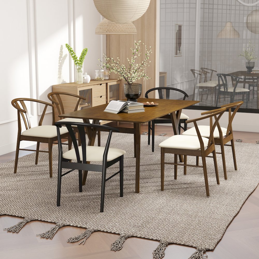 7-Piece Dining Set, Wood Dining Table with 4 Walnut and 2 Black Wishbone Chairs