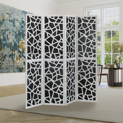 4-Panel Wood Room Divider, Folding Portable Partition Screen, Black and Silver