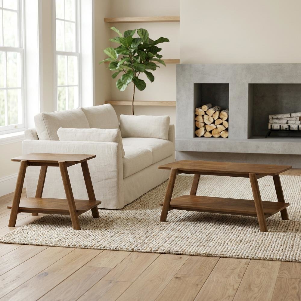 Walnut 3-Piece Wood Coffee Table Set with Mid-Century Modern Design