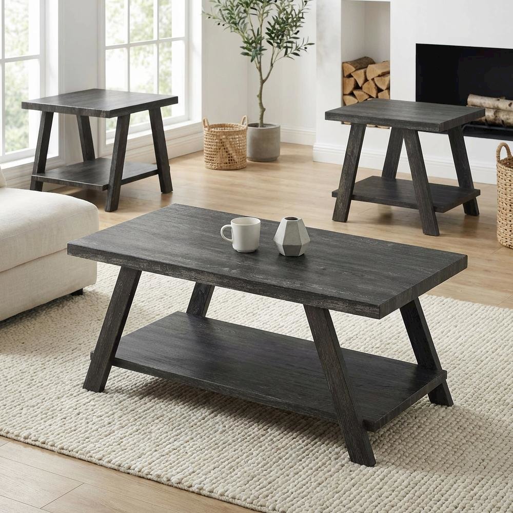 Charcoal Replicated Wood Coffee Table with Shelving and Modern Design
