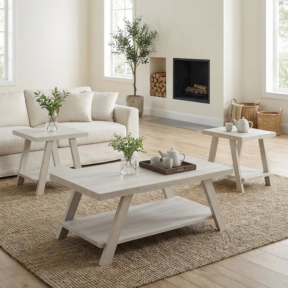 White Wood Shelf Coffee Table with Storage and Modern Design