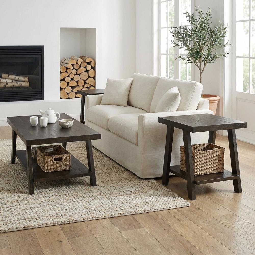3-Piece Wood Shelf Coffee Table Set in Weathered Espresso Finish with Storage