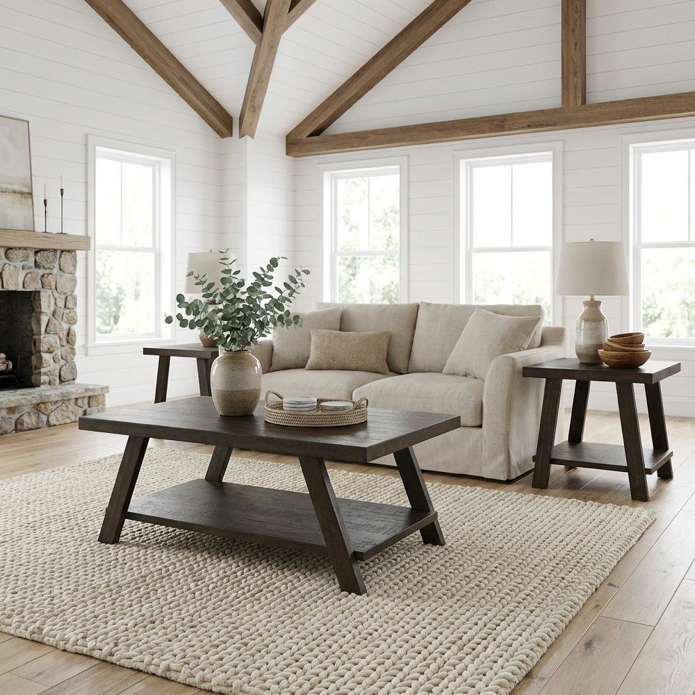 3-Piece Wood Shelf Coffee Table Set in Weathered Espresso Finish with Storage