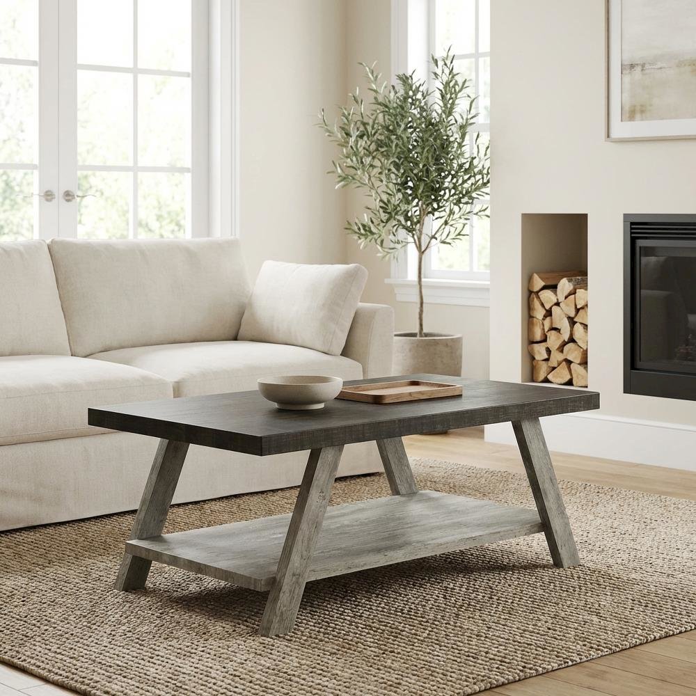 3-Piece Wood Shelf Coffee Table Set Weathered Walnut Gray with Storage
