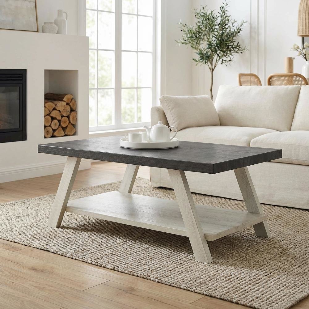 Weathered Charcoal and Beige 3-Piece Wood Shelf Coffee Table Set with Storage