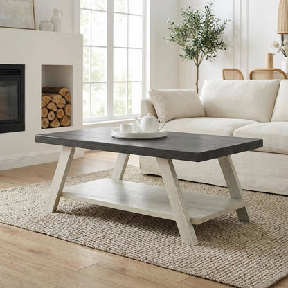 Weathered Charcoal and Beige 3-Piece Wood Shelf Coffee Table Set with Storage