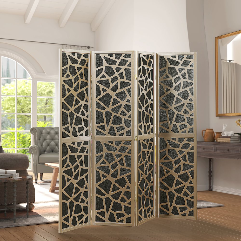 4-Panel Wood Room Divider, Folding Portable Partition Screen, Black and Gold
