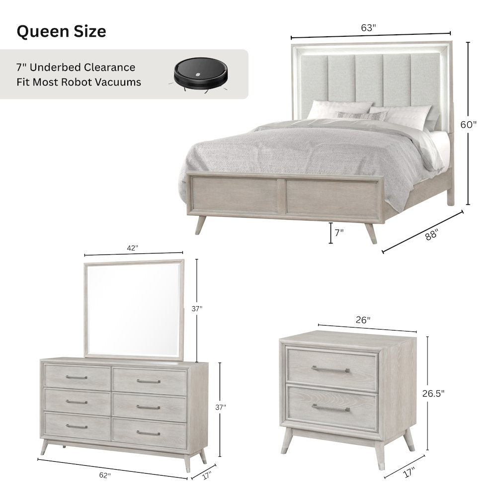Seluna 4-Piece Bedroom Set with Touch LED Lighting, Gray Oak Finish, Queen