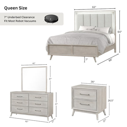 Seluna 4-Piece Bedroom Set with Touch LED Lighting, Gray Oak Finish, Queen