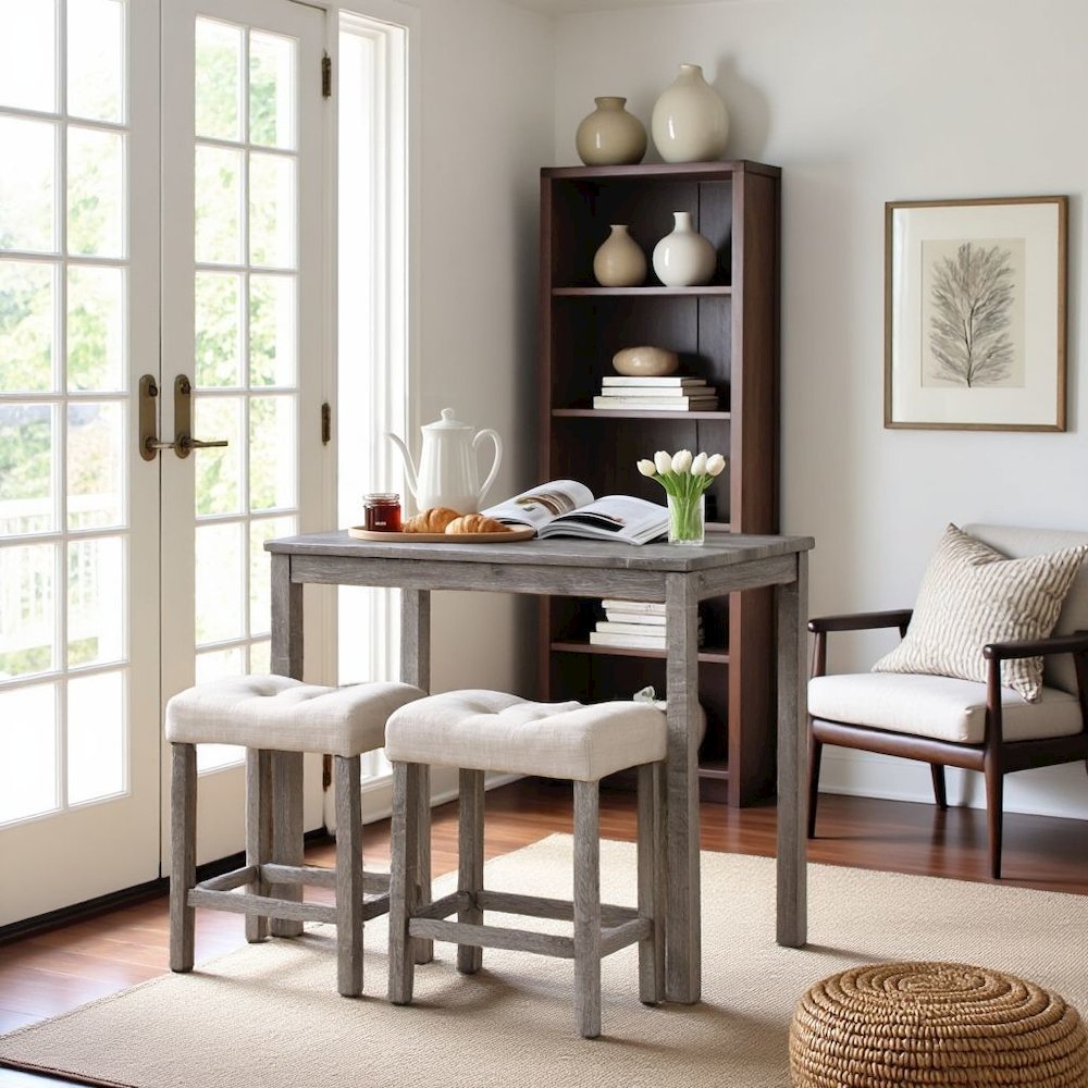 Gray 3 Piece Counter Height Dining Table Set, Tall Design in Taupe Finish