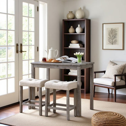 Gray 3 Piece Counter Height Dining Table Set, Tall Design in Taupe Finish