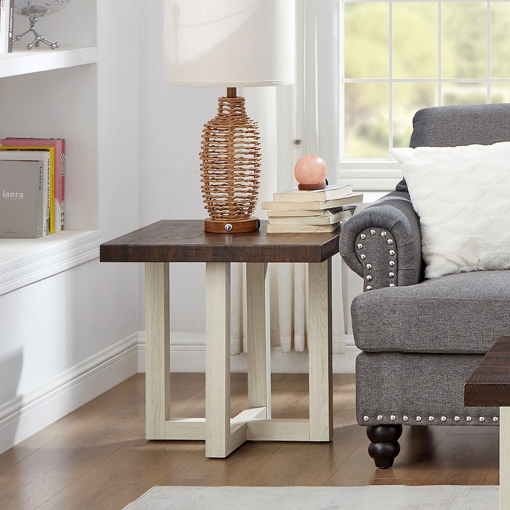 Luno 3-Piece Coffee Table Set, Coffee Table and Two End Tables, Walnut and White