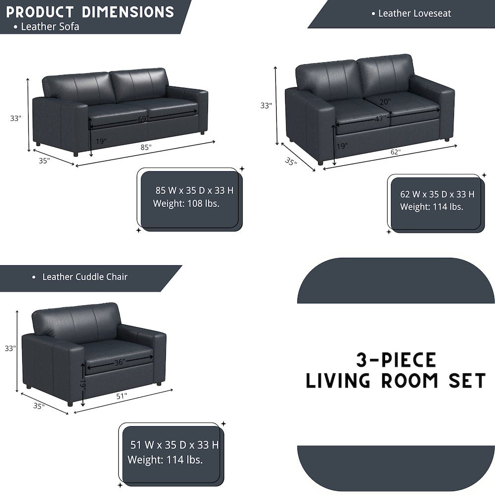 Sakan Leather 3-Pc Living Room Set, Sofa Loveseat and Chair, Blue