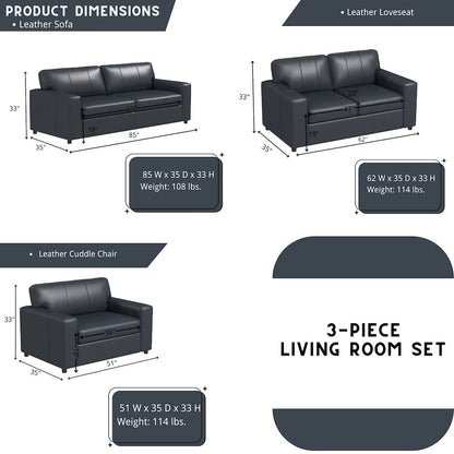 Sakan Leather 3-Pc Living Room Set, Sofa Loveseat and Chair, Blue