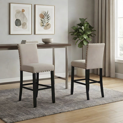 Fabric-Upholstered Counter Height Bar Stools with Nailhead Trim, Set of 2, Tan
