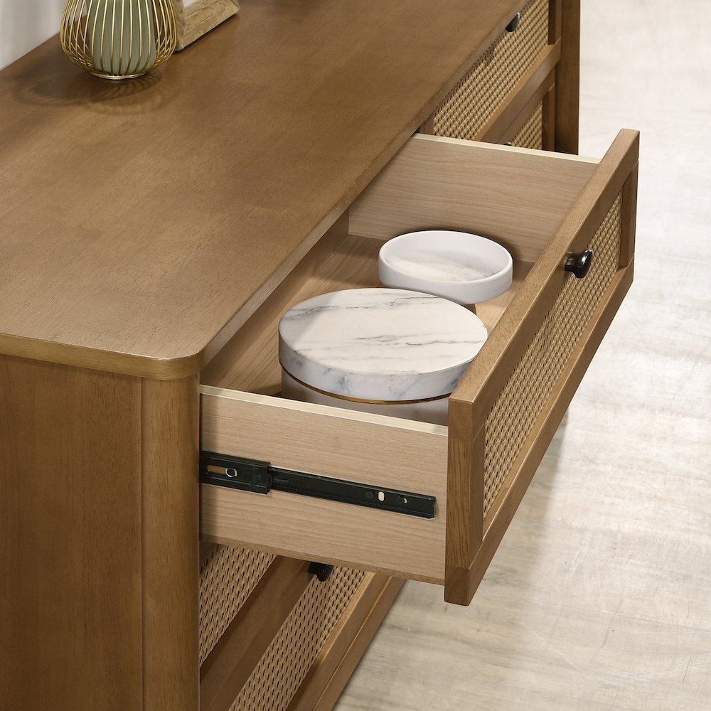Vichy Wood and Rattan 6-Drawer Dresser with Mirror