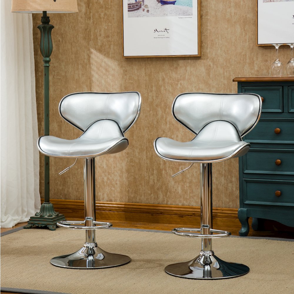 Masaccio Silver Leatherette Adjustable Swivel Barstool Chrome Base, Set of 2