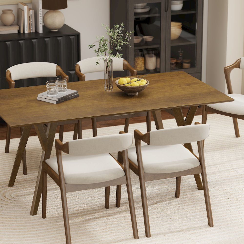 Modern 7-Piece Dining Set, Walnut Finished Dining Table with 6 Brown Chairs