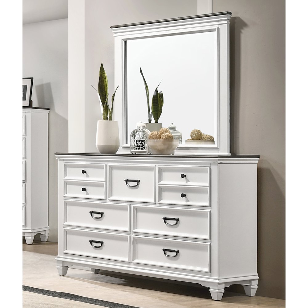Clelane Wood 7-Drawer Dresser with Mirror, Weathered White and Gray