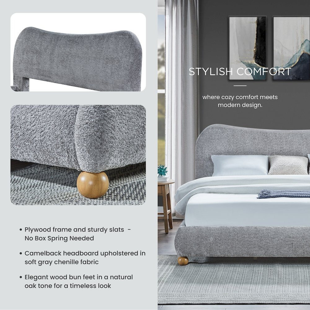 Lunara Gray Upholstered Platform Bed with Bun Feet, King