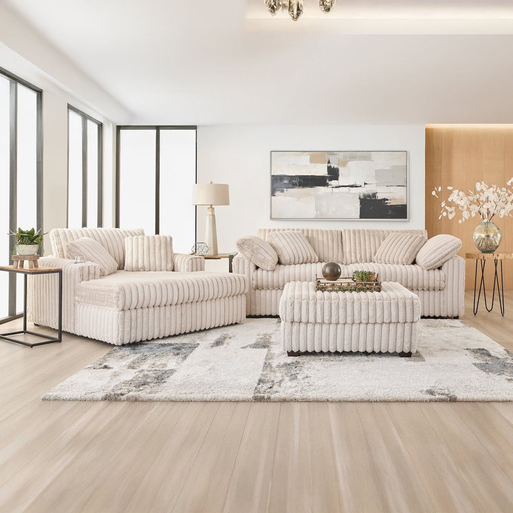 Belvoir 3-Piece Living Room Set, Sofa Cuddle Chaise and Ottoman, Beige Champagne