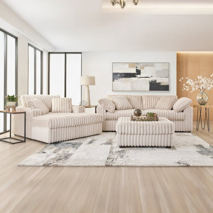 Belvoir 3-Piece Living Room Set, Sofa Cuddle Chaise and Ottoman, Beige Champagne