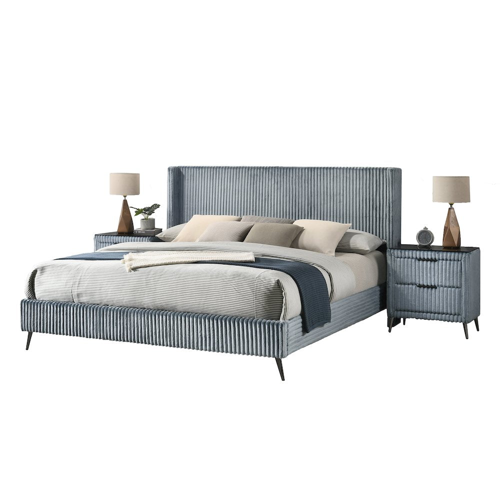 Mavela Wide Wale Corduroy Upholstery Panel King Bed with 2 Nightstands, Blue