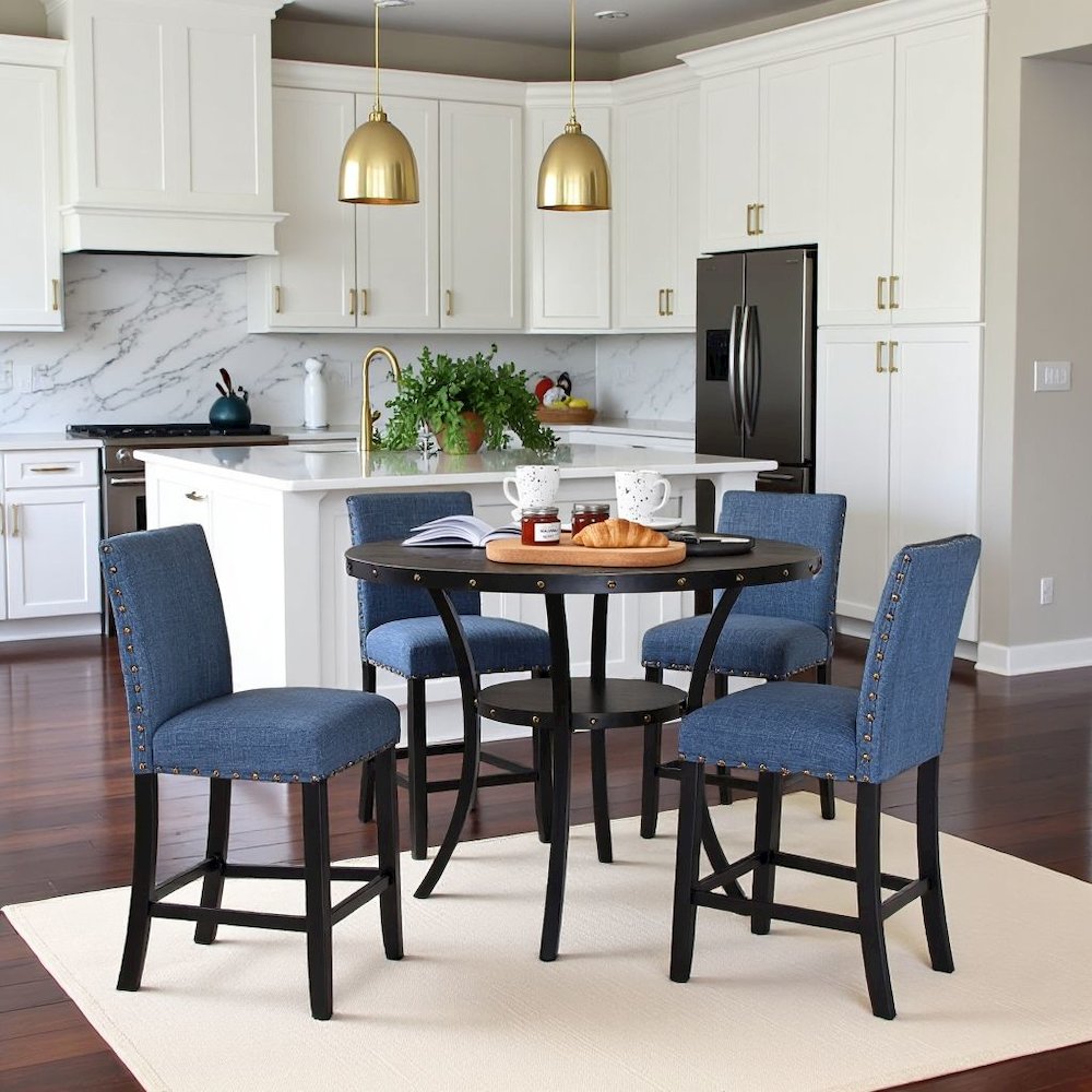 Blue Counter Height Dining Table Set with Tall Chairs, 5-Piece