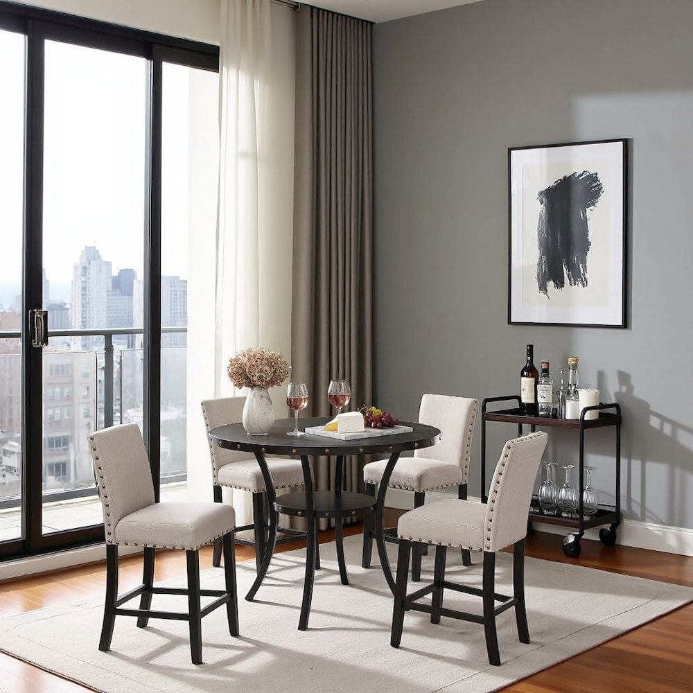 Beige Tan Counter Height Dining Table Set with Tall Chairs, 5-Piece